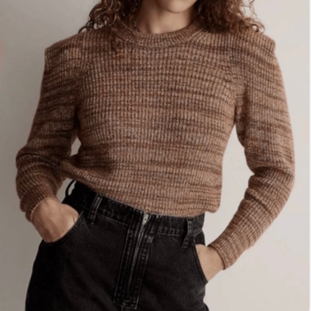 Madewell Brown Puff Sleeve Marled Knit Alpaca Blend Cozycore Sweater Size‎ XXS